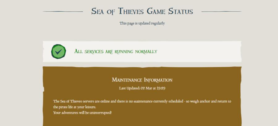 Страница состояния сервера Sea of ​​Thieves.
